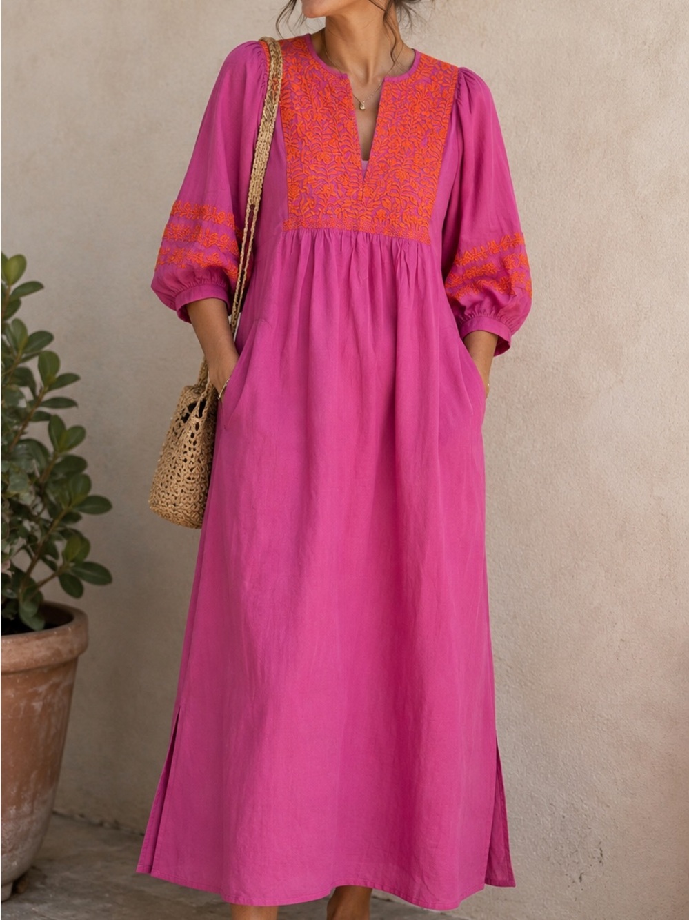 Magenta Maxi Dress with Orange Embroidered Yoke — Women